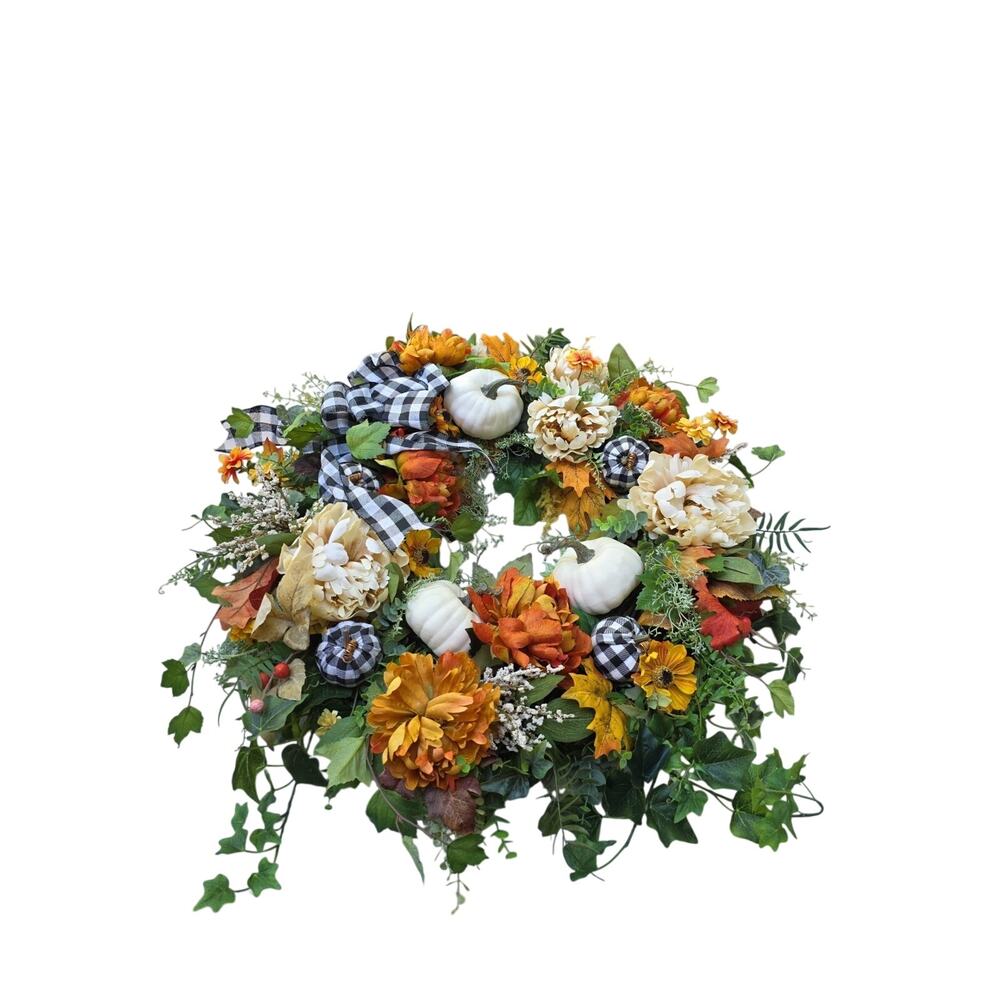 Large Buffalo plaid fall wreath-white pumpkin wreath, lambs ear wreath